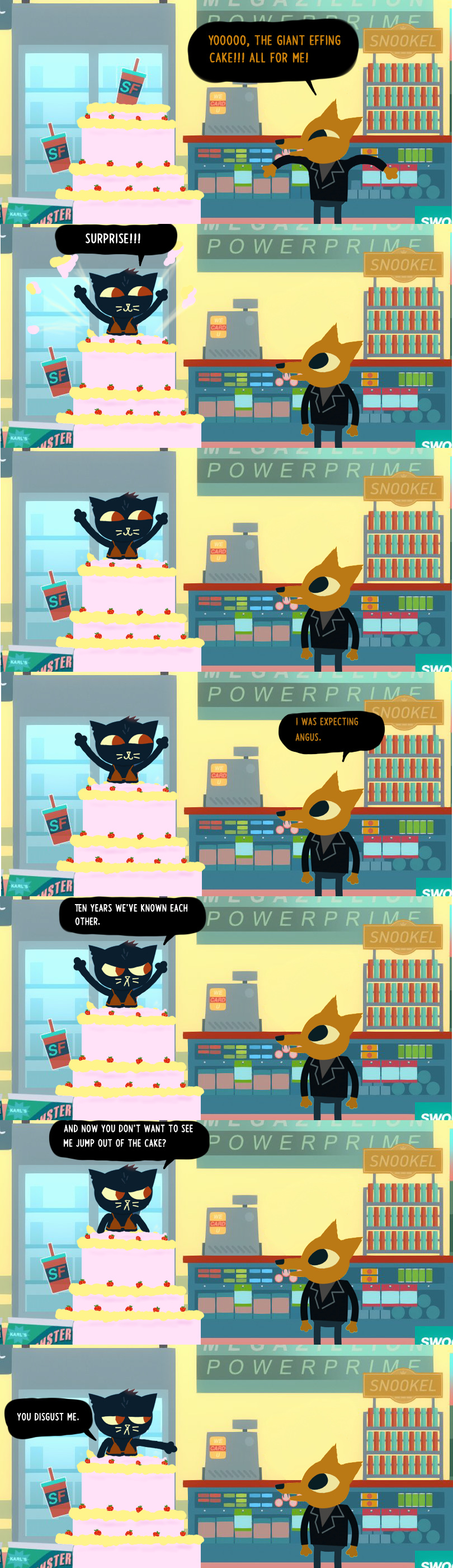 2017 anthro bikini bra cake candy clothed clothing counter cup dialogue female food fridge fur gregg_(nitw) humor jacket jumping_out_of_the_cake leather leather_jacket madevich_(artist) mae_(nitw) male night_in_the_woods snack_falcon speechbubble stripper_cake swimsuit underwear