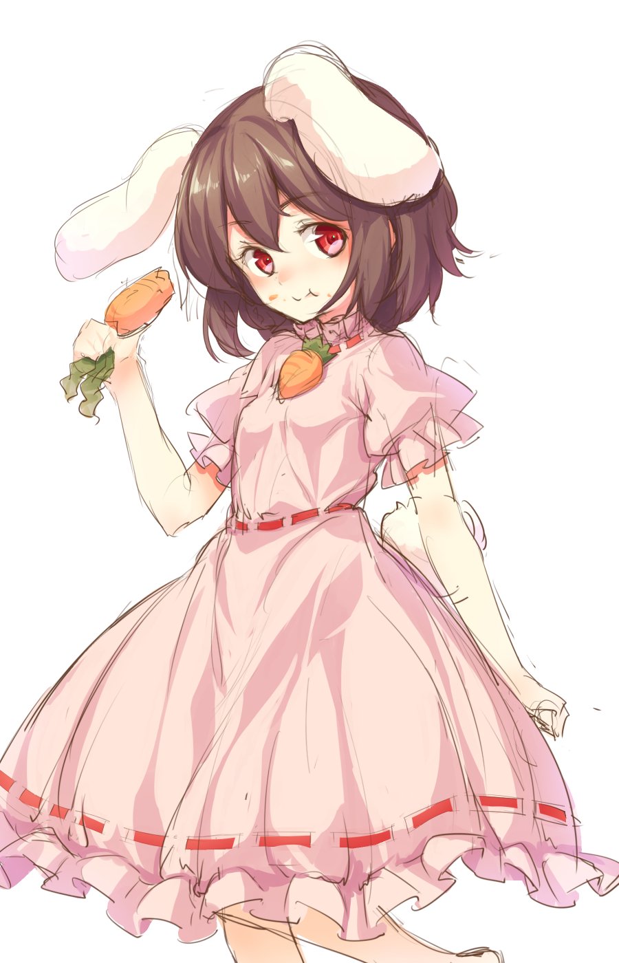 animal_ears bangs brown_hair bunny_ears carrot carrot_necklace closed_mouth dress eating extra_ears eyebrows_visible_through_hair food food_on_face highres holding inaba_tewi looking_at_viewer pink_dress red_eyes short_hair short_sleeves simple_background solo touhou usotsuki_penta white_background