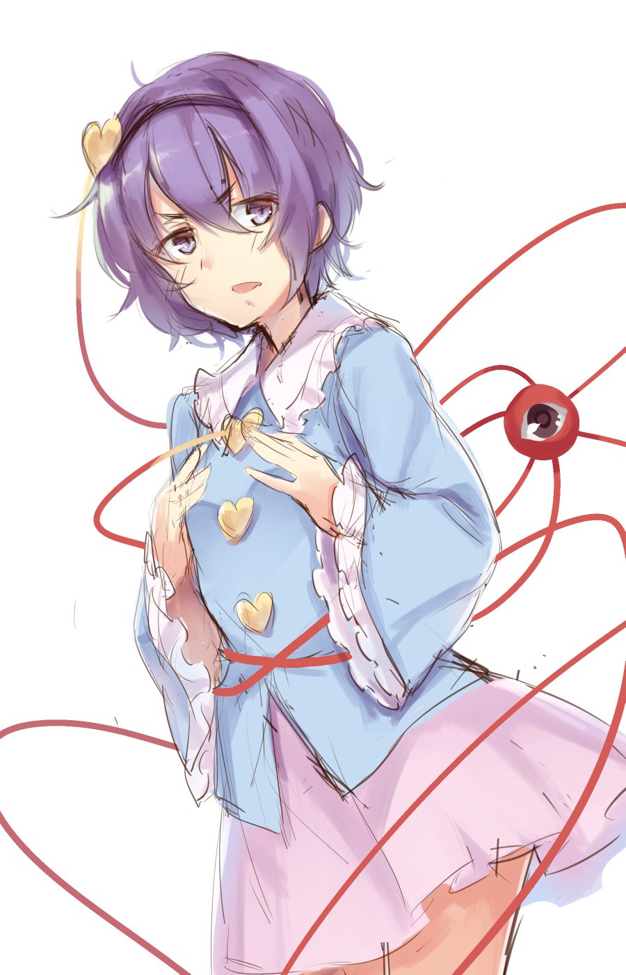 bangs blush commentary_request cowboy_shot eyebrows_visible_through_hair hair_between_eyes hairband hands_on_own_chest heart highres komeiji_satori long_sleeves looking_at_viewer open_mouth pink_skirt purple_eyes purple_hair short_hair simple_background skirt solo third_eye touhou usotsuki_penta white_background