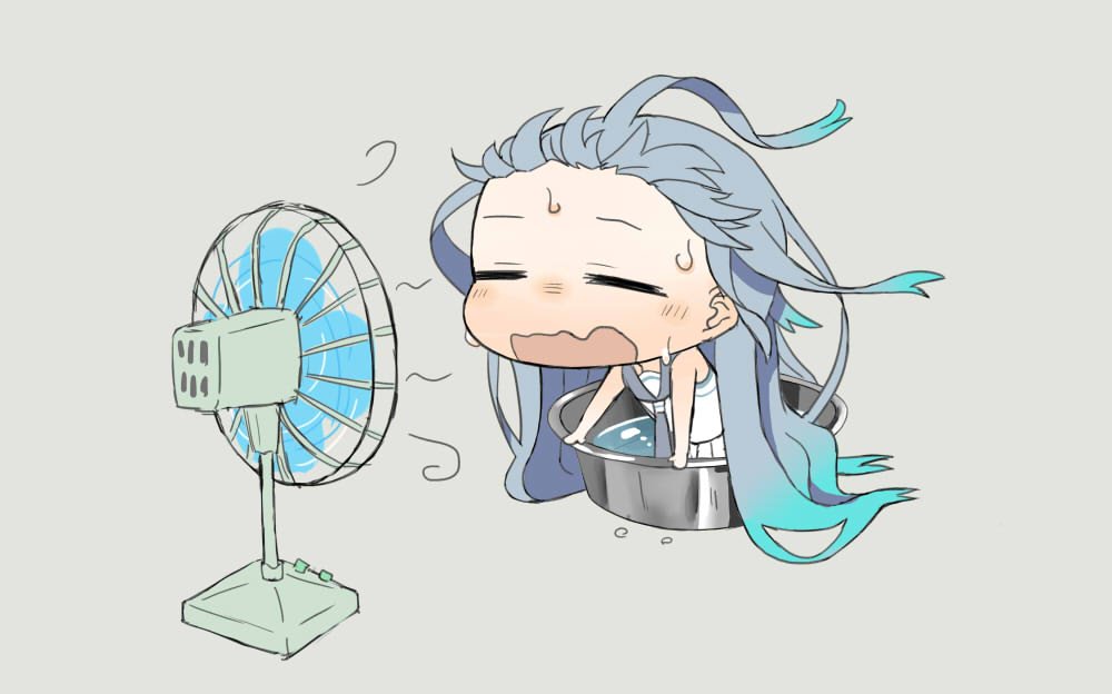 blue_hair chibi closed_eyes commentary_request electric_fan grey_background kantai_collection long_hair multicolored_hair necktie ofly_(ofly252) open_mouth partially_submerged sailor_collar samidare_(kantai_collection) solo sweat tub two-tone_hair very_long_hair water