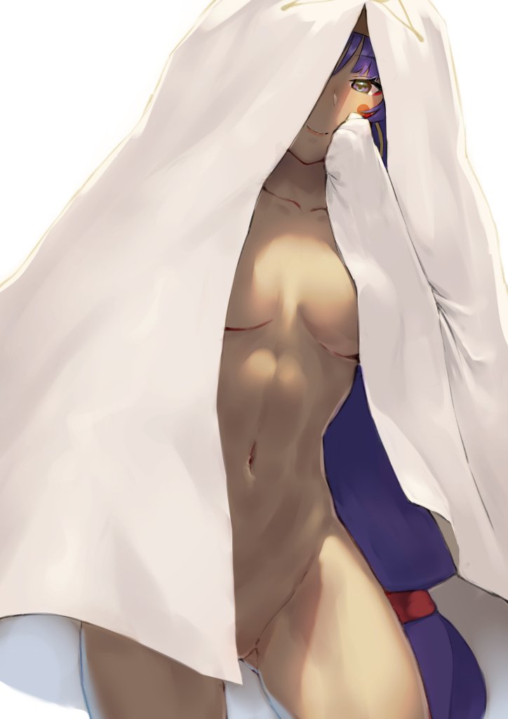 ass_visible_through_thighs breasts collarbone convenient_censoring cowboy_shot dark_skin facial_mark fate/grand_order fate_(series) hairband long_hair looking_at_viewer medium_breasts naked_cloak navel nitocris_(fate/grand_order) nitocris_(swimsuit_assassin)_(fate) nude purple_eyes purple_hair pyz_(cath_x_tech) simple_background smile solo very_long_hair white_background