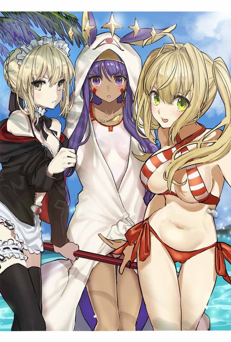 ahoge animal_ears apron artoria_pendragon_(all) artoria_pendragon_(swimsuit_rider_alter) bangs bare_arms bare_legs bare_shoulders bikini black_bikini black_legwear blonde_hair blue_sky blush braid breasts breasts_apart choker cleavage closed_mouth cloud cloudy_sky collarbone commentary_request cowboy_shot criss-cross_halter dark_skin day earrings eyebrows_visible_through_hair eyelashes facial_mark fate/extra fate/grand_order fate_(series) french_braid frill_trim green_eyes groin hair_between_eyes hair_bun hair_intakes hair_ornament hair_ribbon halter_top halterneck highres hips holding hoop_earrings jackal_ears jacket jewelry leg_garter legs_together long_hair looking_at_viewer low-tied_long_hair maid_bikini maid_headdress medium_breasts midriff mop multiple_girls navel necklace nero_claudius_(fate)_(all) nero_claudius_(swimsuit_caster)_(fate) nitocris_(fate/grand_order) nitocris_(swimsuit_assassin)_(fate) ocean off_shoulder one-piece_swimsuit open_clothes open_jacket open_mouth outdoors palm_tree parted_lips purple_eyes purple_hair red_bikini ribbon ribbon_trim saber_alter short_hair side-tie_bikini sidelocks skin_tight sky small_breasts smile standing stomach strap_gap striped striped_bikini swimsuit teeth teshima_nari thigh_gap thighhighs tree twintails underboob veil waist_apron water white_swimsuit yellow_eyes