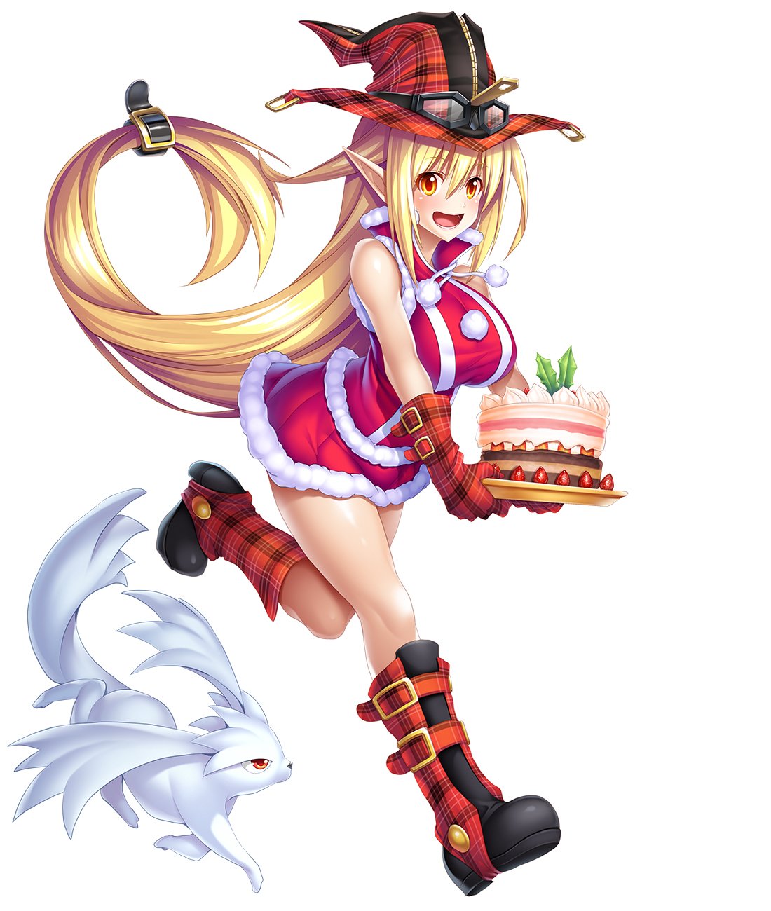 1girl asahi bare_legs bare_shoulders blonde_hair blush breasts cake christmas creature curvy dress female food full_body happy hat huge_breasts lilith-soft long_hair looking_at_viewer magical_girl_lilith open_mouth orange_eyes running shiny shiny_skin simple_background smile taimanin_(series) taimanin_asagi taimanin_rpgx very_long_hair white_background