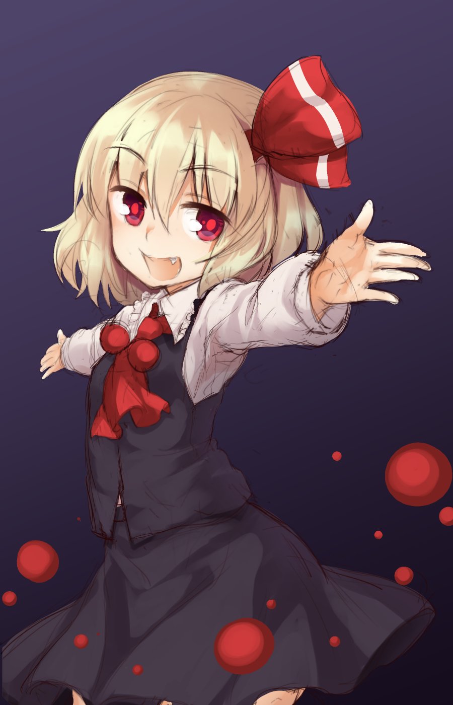 :d arms_at_sides ascot bangs black_skirt blonde_hair bow cowboy_shot dark_background eyebrows_visible_through_hair fang hair_between_eyes hair_bow highres long_sleeves looking_at_viewer open_mouth outstretched_arms red_bow red_eyes rumia shirt short_hair skirt skirt_set sleeveless smile solo touhou usotsuki_penta white_shirt