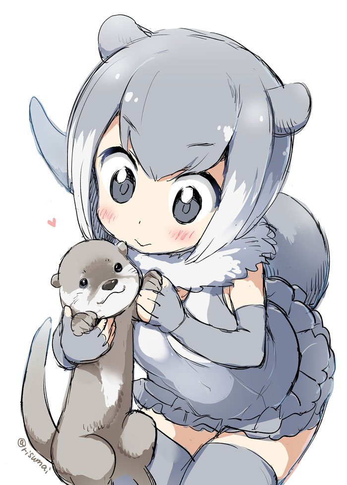 :&gt; animal_ears artist_name blush commentary elbow_gloves eyebrows_visible_through_hair fingerless_gloves fur_collar gloves grey_eyes grey_gloves grey_hair grey_legwear grey_swimsuit heart kemono_friends multicolored_hair one-piece_swimsuit otter otter_ears otter_tail risumai short_hair simple_background small-clawed_otter_(kemono_friends) smile solo swimsuit tail thighhighs twitter_username two-tone_hair white_background white_hair