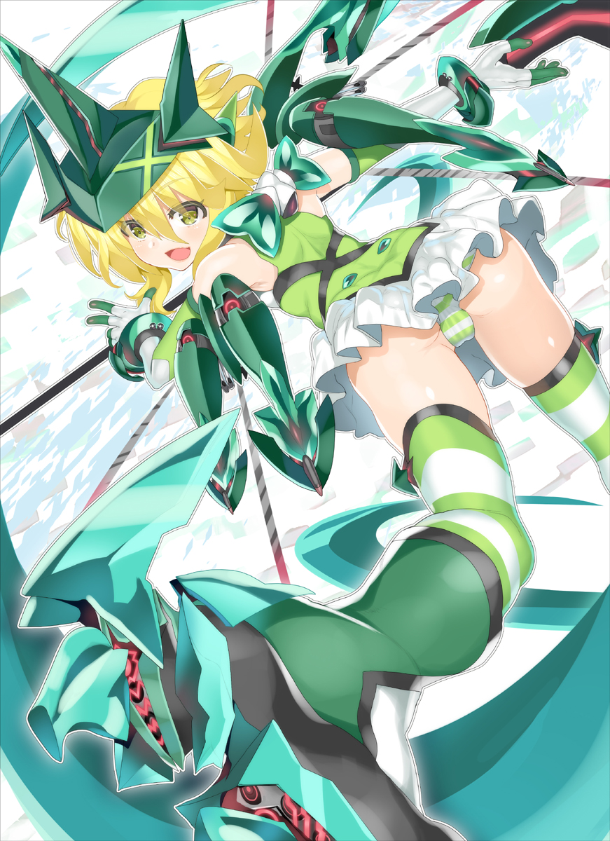 :d akatsuki_kirika ass bare_shoulders blonde_hair blush boots bow breasts char commentary_request dutch_angle elbow_gloves eyebrows_visible_through_hair from_behind gloves glowing green_eyes headgear highres holding holding_weapon leotard looking_at_viewer looking_back medium_breasts open_mouth scythe senki_zesshou_symphogear short_hair skirt smile solo striped striped_legwear thighhighs weapon