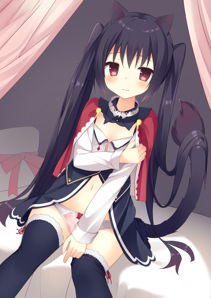 animal_ears bangs bed black_hair black_legwear blush bow bow_panties canopy_bed cat_ears cat_tail cloak clothes_grab commentary_request detached_collar dutch_angle eyebrows_visible_through_hair fingernails indoors lace lace-trimmed_thighhighs long_hair long_sleeves looking_at_viewer navel on_bed original panties pillow pink_panties pink_ribbon red_cloak red_eyes red_ribbon ribbon sidelocks sitting slit_pupils smile solo tail thighhighs thighhighs_pull tsurime twintails underwear usagino_suzu very_long_hair