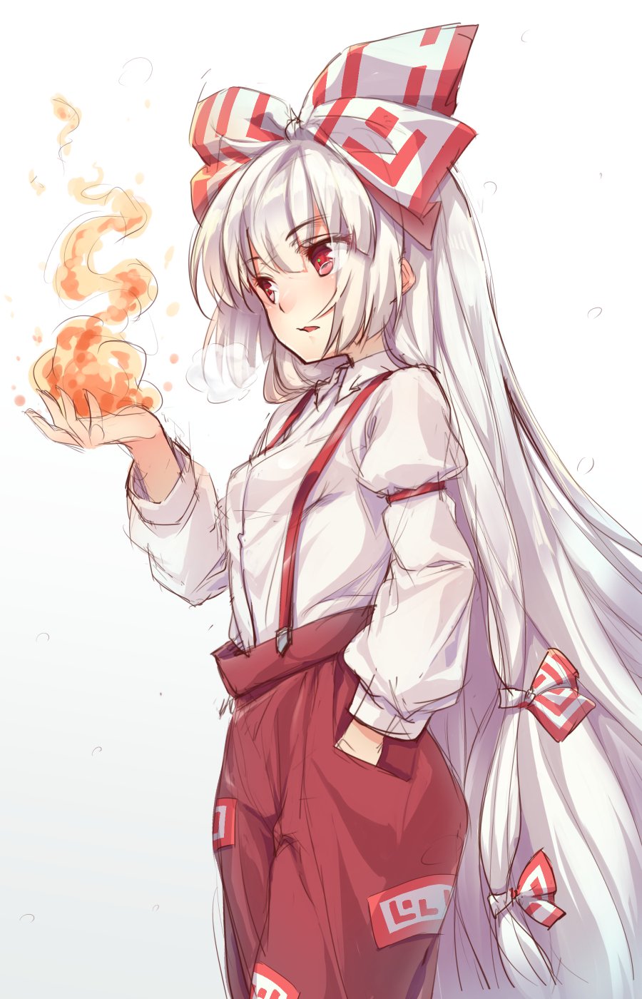 bangs bow breath collared_shirt cowboy_shot eyebrows_visible_through_hair fire fujiwara_no_mokou hair_bow hand_in_pocket highres long_hair long_sleeves looking_to_the_side open_mouth pants pocket red_eyes red_pants shirt simple_background solo suspenders touhou usotsuki_penta very_long_hair white_background white_hair white_shirt