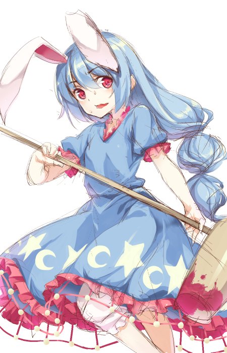 ambiguous_red_liquid animal_ears bangs bloomers blue_dress blue_hair bunny_ears cowboy_shot crescent dress extra_ears eyebrows_visible_through_hair hair_between_eyes holding kine long_hair open_mouth red_eyes seiran_(touhou) short_sleeves simple_background solo star sweat touhou underwear usotsuki_penta white_background