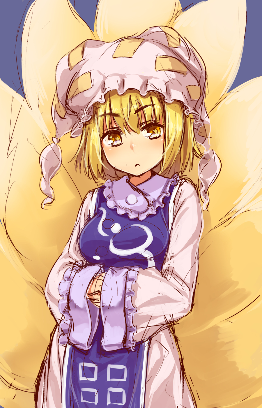 :&lt; bangs blonde_hair breasts cowboy_shot eyebrows_visible_through_hair fox_tail frilled_shirt_collar frilled_sleeves frills frown hands_in_opposite_sleeves hat highres looking_at_viewer medium_breasts mob_cap multiple_tails short_hair sleeves_past_wrists solo tabard tail touhou usotsuki_penta v-shaped_eyebrows yakumo_ran yellow_eyes