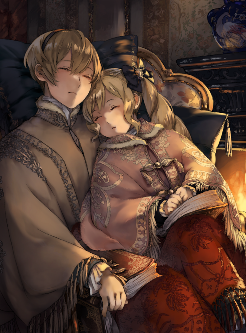 1boy 1girl ai-wa black_bow black_hairband blonde_hair book bow brother_and_sister chair closed_mouth elise_(fire_emblem_if) eyes_closed fire_emblem fire_emblem_if fireplace hair_bow hairband leon_(fire_emblem_if) long_hair long_sleeves nintendo open_book short_hair siblings sitting sleeping twintails