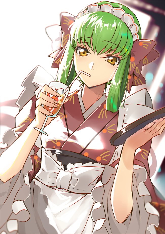 alternate_costume alternate_hairstyle apron backlighting bangs blurry blurry_background bow c.c. code_geass commentary_request creayus cup day drinking drinking_glass dutch_angle eyebrows_visible_through_hair frilled_sleeves frills green_hair hair_bow hair_rings holding holding_cup holding_tray ice ice_cube japanese_clothes kimono long_hair long_sleeves looking_at_viewer maid_headdress short_hair solo sunlight tray tsurime upper_body wa_maid waist_apron white_apron white_bow wide_sleeves yellow_eyes