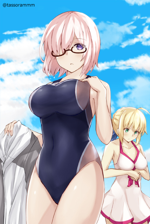 artoria_pendragon_(all) banned_artist black_swimsuit blonde_hair bow cloud competition_swimsuit cosplay costume_switch cowboy_shot day dress_swimsuit fate/grand_order fate/stay_night fate_(series) glasses hair_over_one_eye looking_at_viewer mash_kyrielight mash_kyrielight_(cosplay) multiple_girls one-piece_swimsuit pink_bow purple_eyes purple_hair saber saber_(cosplay) short_hair sky swimsuit swimsuit_of_perpetual_summer tasora twitter_username white_swimsuit
