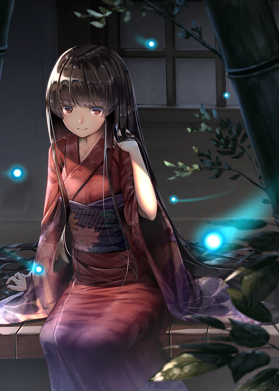 alternate_costume bamboo black_hair commentary_request floral_print highres hime_cut houraisan_kaguya japanese_clothes kimono long_hair long_sleeves looking_at_viewer night obi outdoors plant red_eyes red_kimono ryosios sash shiny shiny_hair sitting smile solo touhou very_long_hair wide_sleeves window