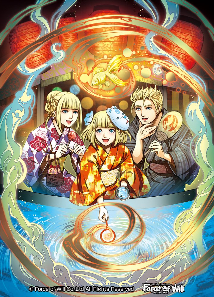 2girls blonde_hair blue_eyes braid charlotte_(force_of_will) copyright_name fan faria_(force_of_will) fish flower force_of_will hair_bun hair_flower hair_ornament japanese_clothes kimono lamp lars_(force_of_will) mask mask_on_head multiple_girls nekobayashi official_art open_mouth water