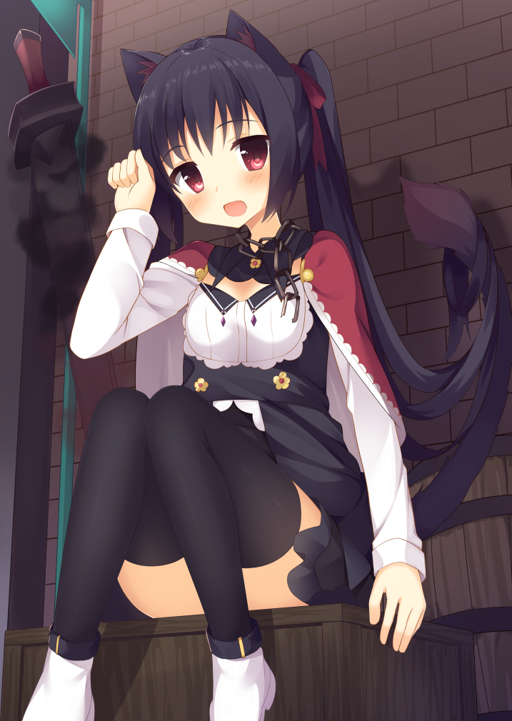 :d animal_ears bangs barrel black_hair black_legwear black_skirt blush brick_wall cat_ears cat_tail chain cloak commentary_request convenient_leg crate detached_collar eyebrows_visible_through_hair frilled_skirt frills hair_ribbon long_hair long_sleeves looking_at_viewer open_mouth original paw_pose red_cloak red_eyes red_ribbon ribbon shirt shoes sitting skirt smile smoke solo sword tail tareme thighhighs underbust usagino_suzu very_long_hair weapon white_footwear white_shirt