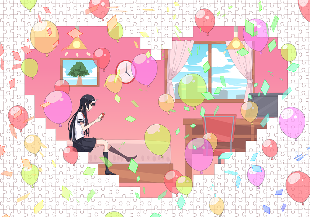 balloon bangs bed black_skirt blue_hair blunt_bangs book chair clock cloud commentary_request curtains heart holding holding_book indoors lamp long_hair open_book original pleated_skirt puzzle_piece room school_uniform shirt short_sleeves sitting skirt sky socks solo someya_mai table white_shirt window