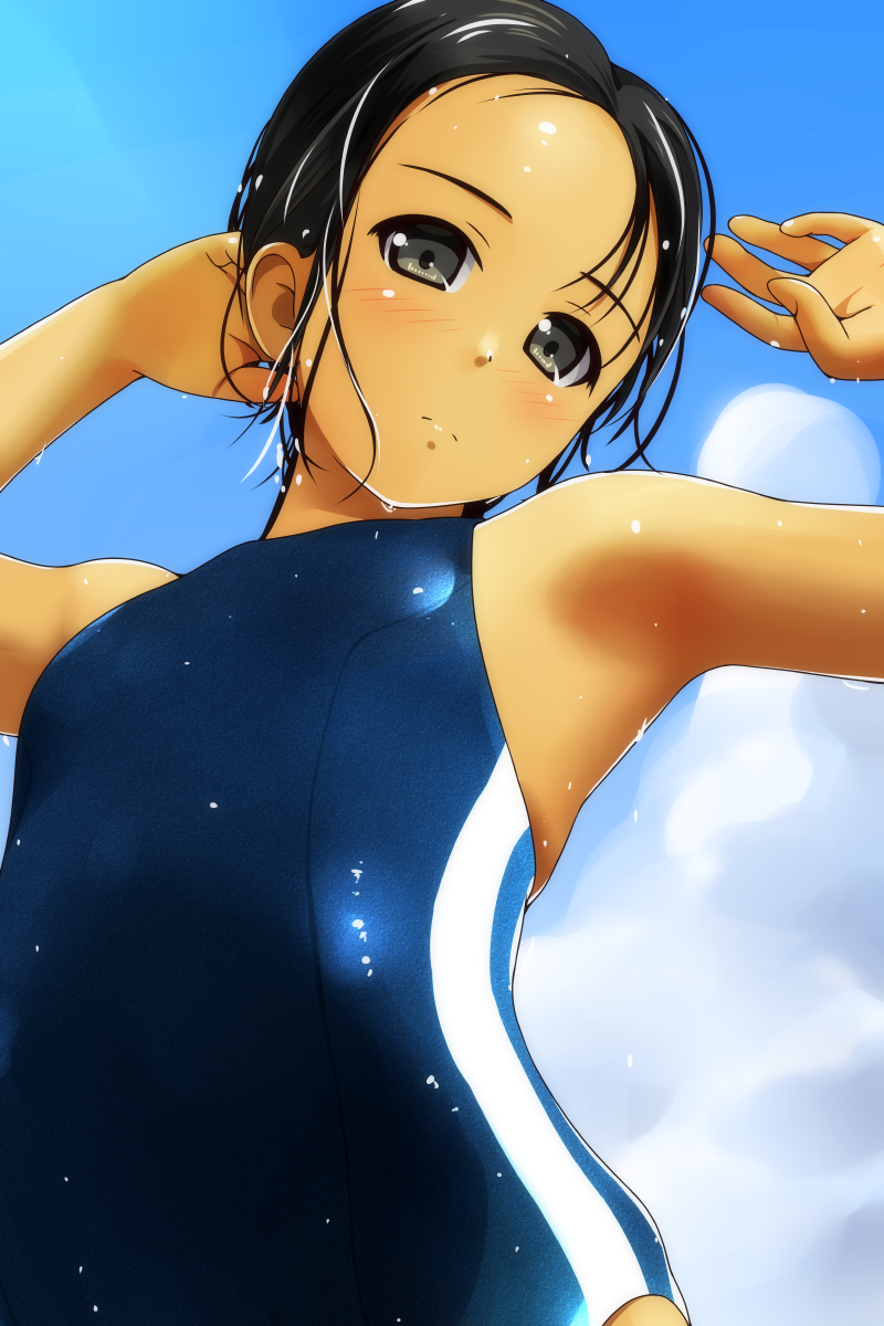 armpits arms_up black_hair blue_sky blue_swimsuit blush closed_mouth cloud commentary_request day dripping green_eyes highres looking_at_viewer matsunaga_kouyou one-piece_swimsuit original outdoors school_swimsuit short_hair sky solo standing swimsuit wet