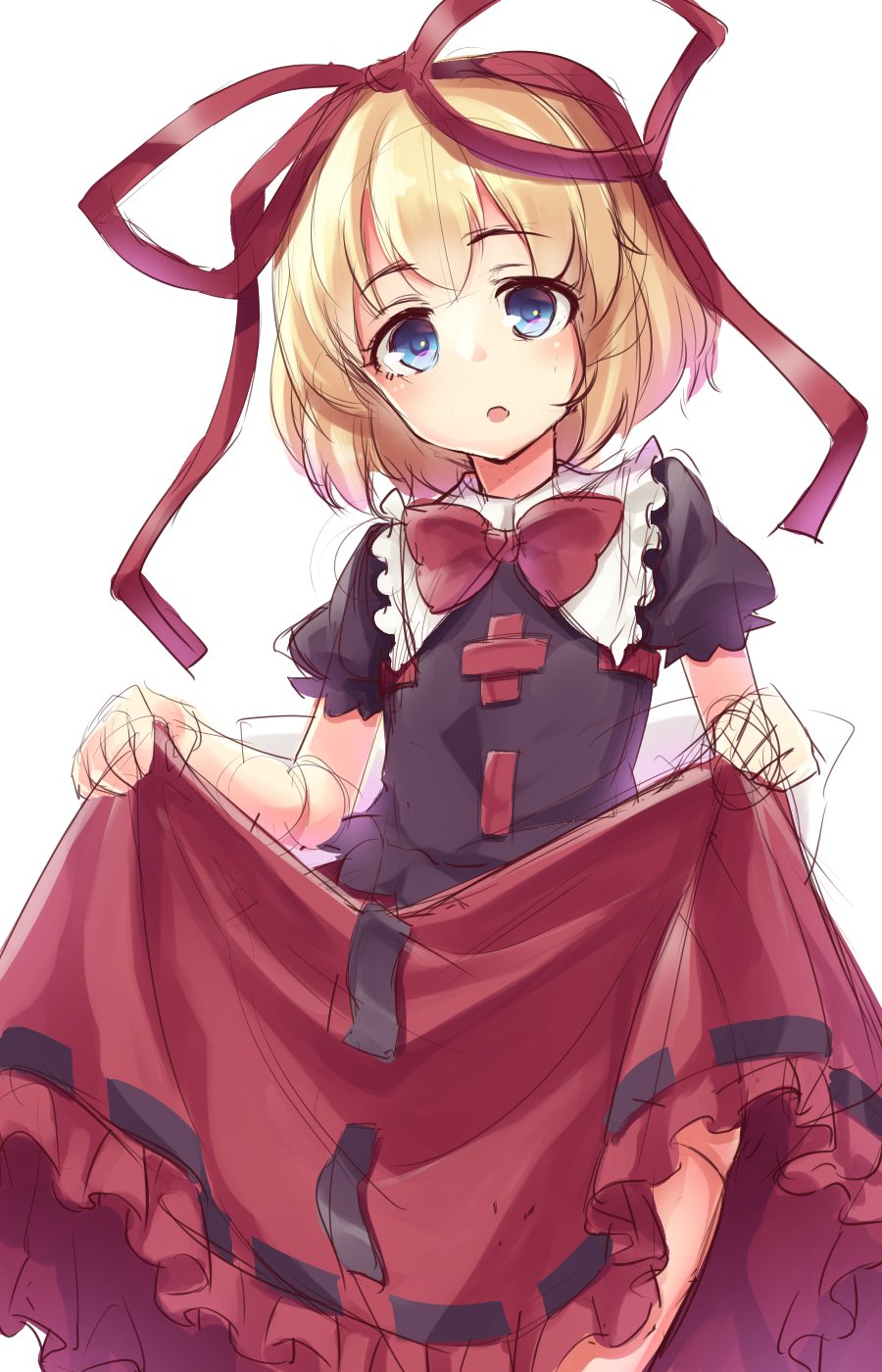 bangs blonde_hair blue_eyes bow bowtie cowboy_shot doll_joints eyebrows_visible_through_hair hair_ribbon highres lifted_by_self looking_at_viewer medicine_melancholy open_mouth red_bow red_neckwear red_ribbon red_skirt ribbon short_hair short_sleeves simple_background skirt skirt_lift solo touhou usotsuki_penta white_background