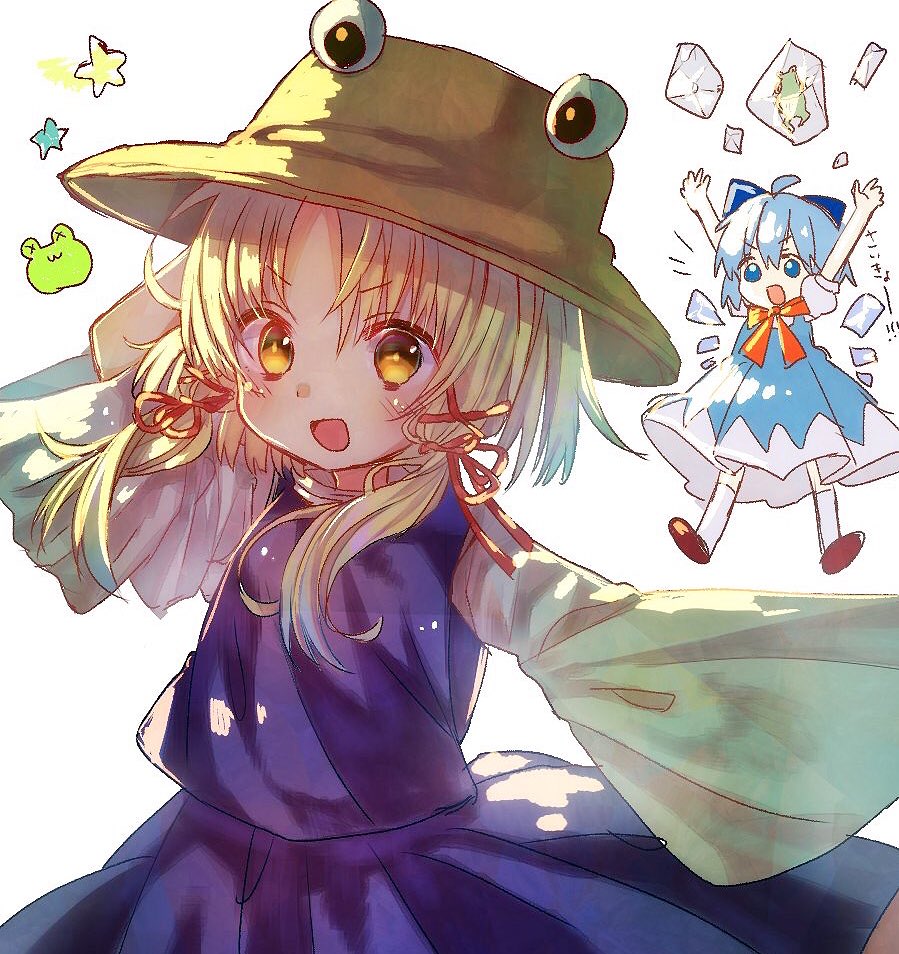 ahoge arms_up bangs blonde_hair blue_eyes blue_hair bow brown_hat cirno frog frozen_frog hair_bow hair_ribbon hat ice ice_wings long_sleeves looking_at_viewer moriya_suwako multiple_girls open_mouth peipei puffy_short_sleeves puffy_sleeves purple_skirt red_ribbon ribbon short_sleeves simple_background skirt skirt_set smile star touhou tress_ribbon vest white_background wide_sleeves wings yellow_eyes