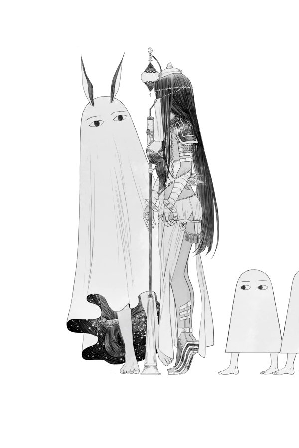 circlet cosplay dark_skin fate/grand_order fate_(series) greyscale jewelry long_hair medjed medjed_(cosplay) monochrome nitocris_(fate/grand_order) nitocris_(swimsuit_assassin)_(fate) nor_(reader13) profile ring scheherazade_(fate/grand_order) skirt staff thumb_ring veil very_long_hair