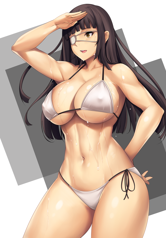 arm_behind_back arm_up bangs bikini black_hair blunt_bangs breasts brown_eyes collarbone commentary_request contrapposto covered_nipples eyepatch jormungand large_breasts long_hair looking_to_the_side navel open_mouth side-tie_bikini smile sofia_valmer solo standing swimsuit teeth thighs tony_guisado underboob wet white_bikini