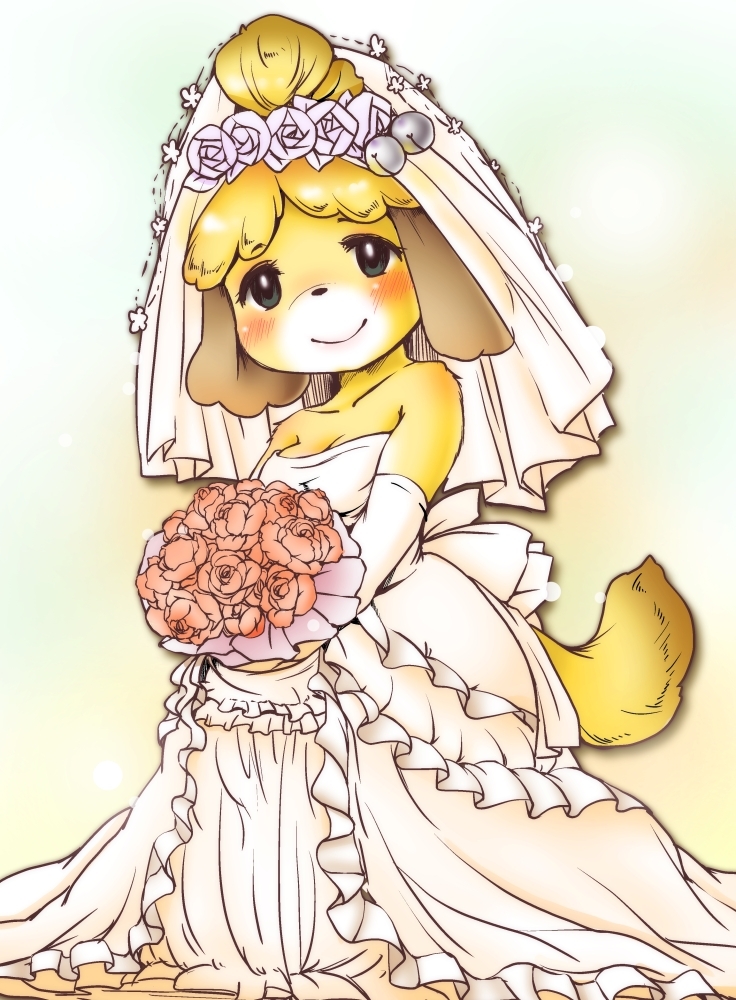 animal_crossing anthro armwear blush bouquet breasts bride canine clothed clothing dog dress elbow_gloves eyelashes female flower fully_clothed fur gloves isabelle_(animal_crossing) looking_at_viewer mammal nintendo plant rose shih_tzu simple_background smile solo standing unknown_artist video_games wedding_dress wedding_veil yellow_fur