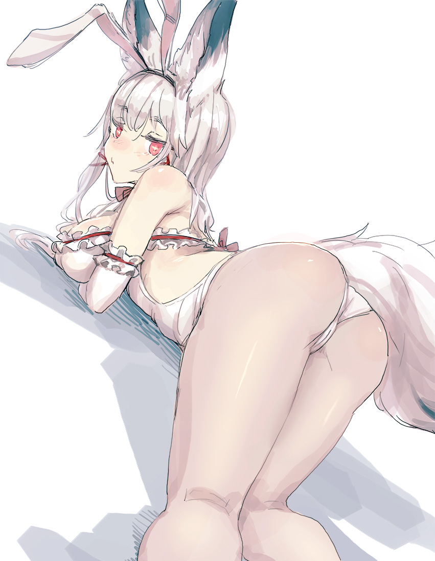 animal_ears ass bare_shoulders bee_(deadflow) blush breasts bunny_ears bunnysuit elbow_gloves fake_animal_ears fox_ears fox_tail gloves grey_legwear leotard long_hair looking_at_viewer looking_back medium_breasts original pantyhose red_eyes simple_background sketch solo tail white_background white_gloves white_hair white_leotard
