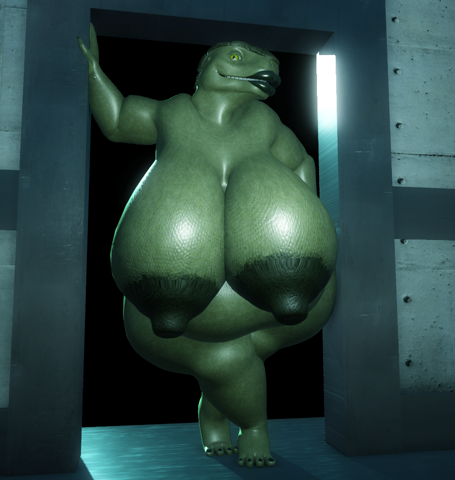 3d_(artwork) areola belly big_belly big_breasts breasts digital_media_(artwork) dr-0range female huge_breasts inside laboratory lips lizard looking_at_viewer matilda_magnusson nipples nude overweight overweight_female reptile scalie smile solo
