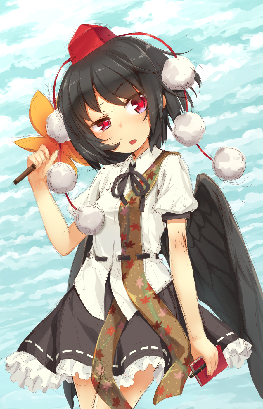 bangs black_hair black_ribbon black_skirt black_wings blue_sky blush cloud cloudy_sky cowboy_shot day eyebrows_visible_through_hair fan hat highres holding neck_ribbon notebook open_mouth outdoors paper_fan pom_pom_(clothes) red_eyes ribbon shameimaru_aya short_hair short_sleeves skirt sky solo tokin_hat touhou uchiwa usotsuki_penta wings