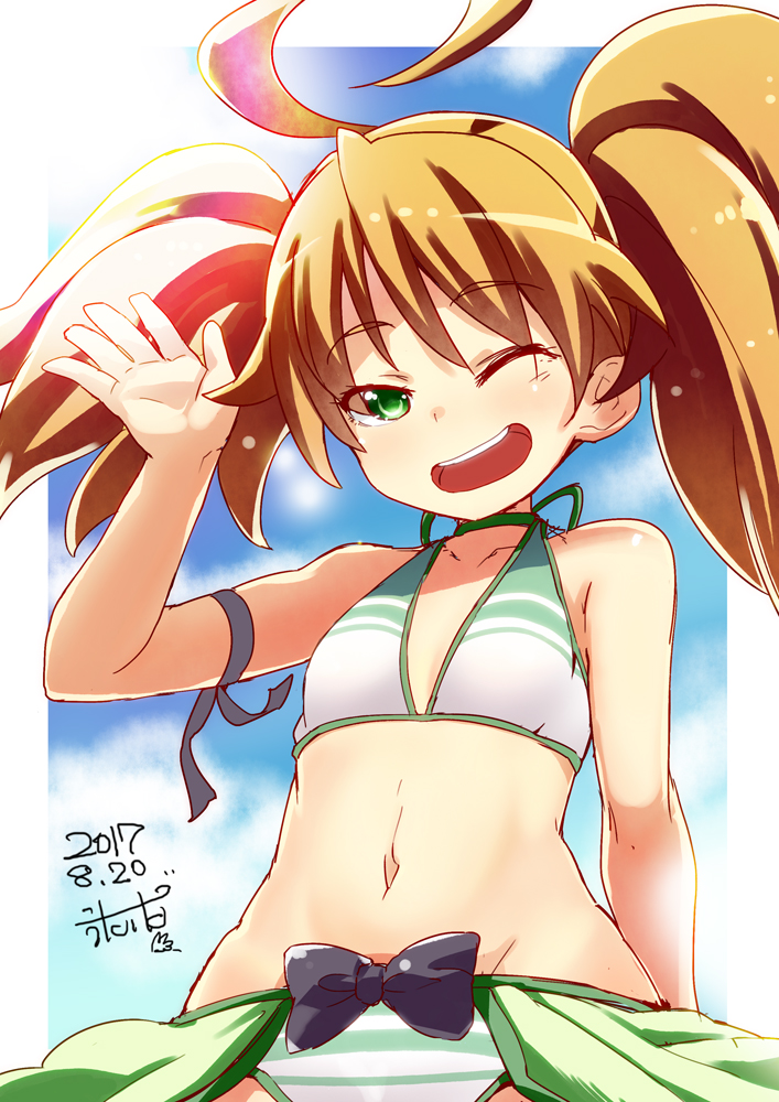 ;d ahoge arm_at_side armband bikini blue_sky brown_hair dated day dina_(sennen_sensou_aigis) flat_chest green_eyes groin hand_up huge_ahoge looking_at_viewer navel one_eye_closed open_mouth outdoors sennen_sensou_aigis sky smile solo standing striped striped_bikini swimsuit twintails yuu-yuu