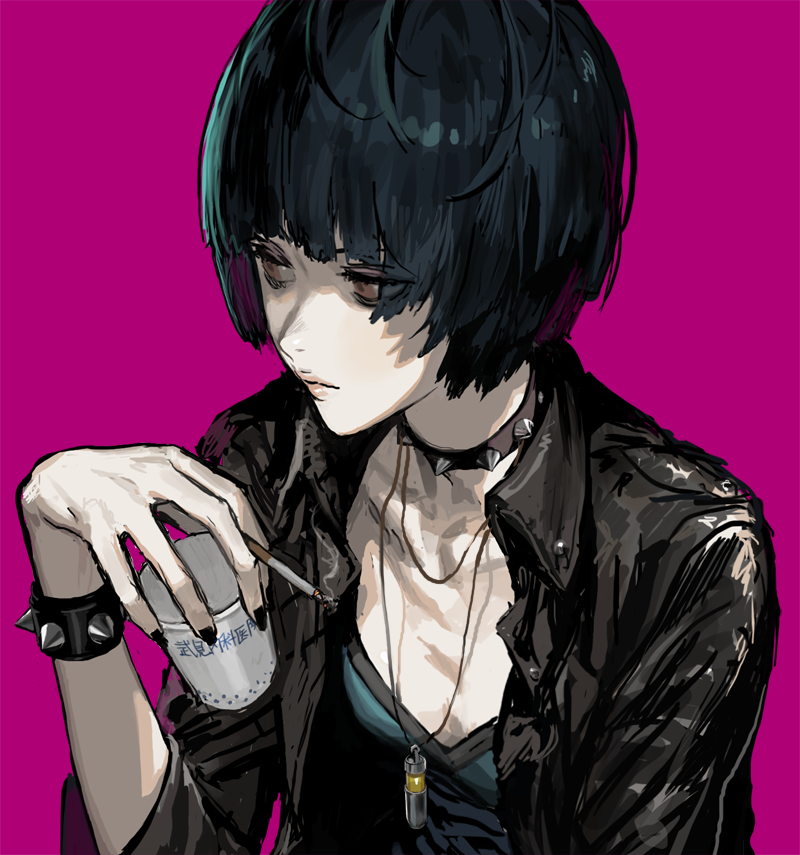 black_hair blue_hair brown_eyes choker jewelry nail_polish necklace persona persona_5 rr_(suisse200) short_hair sitting solo takemi_tae