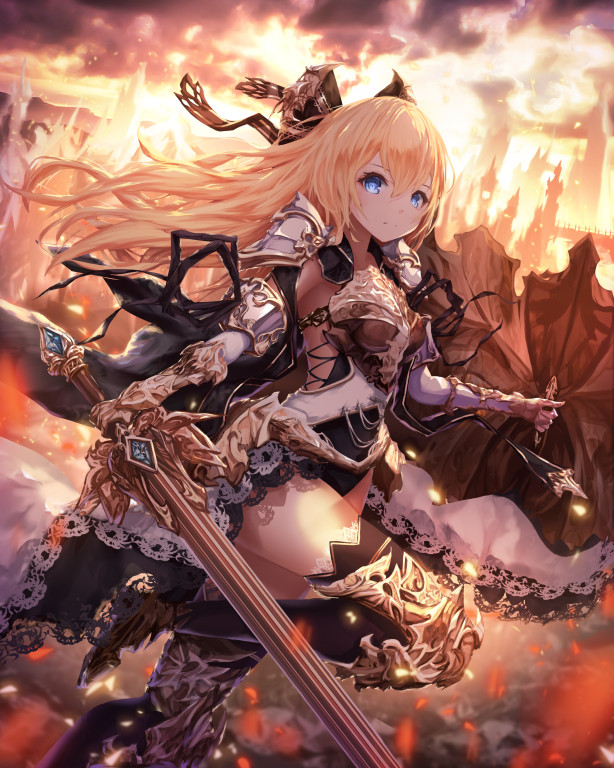 black_legwear blonde_hair blue_eyes boots bow frilled_skirt frills full_body h2o_(dfo) hair_bow holding holding_sword holding_weapon long_hair looking_at_viewer original outdoors shield skirt standing standing_on_one_leg sword thighhighs weapon