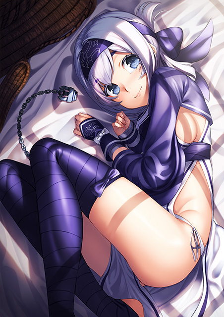 ainu_clothes bandana black_legwear blue_eyes blush breasts commentary_request eyebrows_visible_through_hair feet_out_of_frame fetal_position folded_ponytail from_above headband kamoi_(kantai_collection) kantai_collection kyon_(fuuran) long_hair long_sleeves looking_at_viewer lying on_side sideboob sidelocks small_breasts smile solo thick_eyebrows thighhighs white_hair wrist_guards