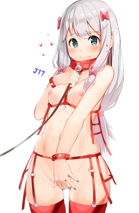 bangs bdsm blush bondage bondage_outfit bound bow bracelet breasts closed_mouth collar commentary covering covering_crotch eromanga_sensei eyebrows_visible_through_hair garter_belt hair_bow heart izumi_sagiri jewelry leash long_hair looking_at_viewer low-tied_long_hair medium_breasts nipples pink_bow rak_(kuraga) red_legwear silver_hair simple_background smile solo tareme tears thighhighs white_background