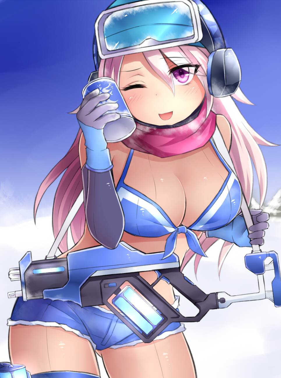 arm_warmers breasts can cleavage collar commentary_request cowboy_shot earmuffs eyebrows_visible_through_hair front-tie_bikini front-tie_top gloves goggles goggles_on_head gun hair_between_eyes helmet highres holding holding_can large_breasts long_hair looking_at_viewer neit_ni_sei one_eye_closed open_mouth original pink_hair purple_eyes scarf shadow shiny shiny_skin short_shorts shorts ski_goggles sling smile snow solo thighhighs weapon