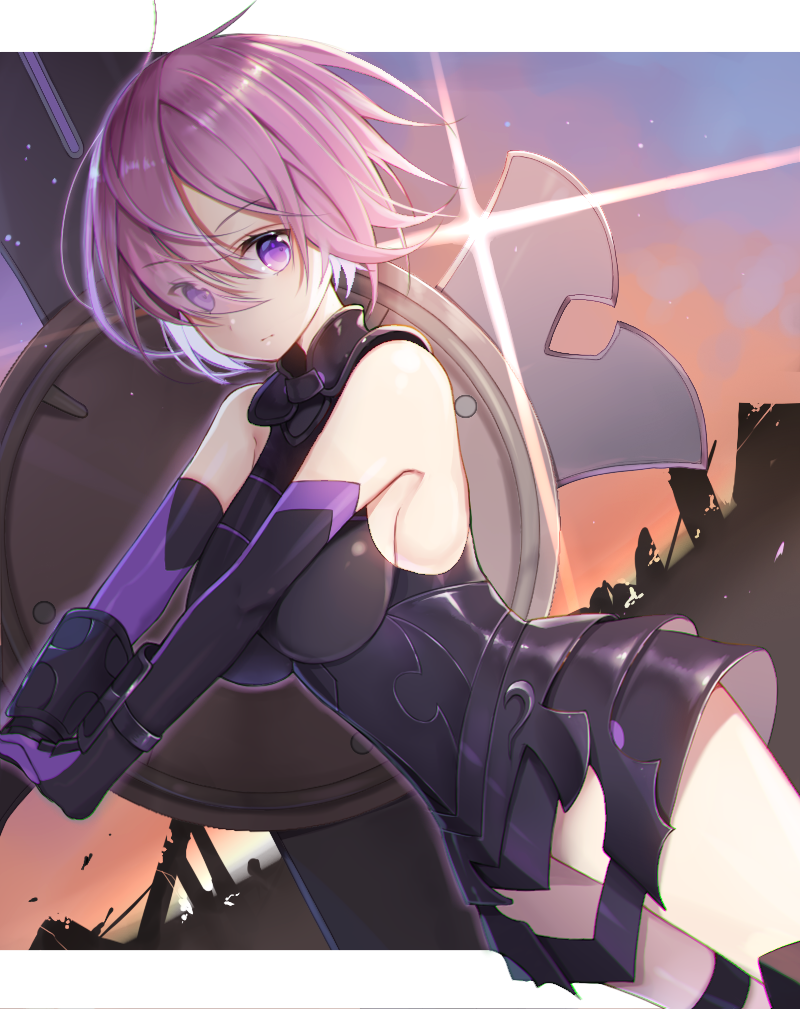 armor armored_dress breasts commentary elbow_gloves evening eyes_visible_through_hair fate/grand_order fate_(series) gloves hair_over_one_eye ion_(on01e) large_breasts looking_at_viewer mash_kyrielight purple_eyes purple_hair shield short_hair sleeveless solo twilight