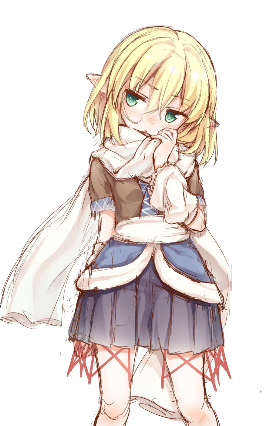 arm_behind_back bangs blonde_hair blue_skirt blush cowboy_shot eyebrows_visible_through_hair green_eyes hair_between_eyes hand_up highres looking_to_the_side mizuhashi_parsee nose_blush open_mouth pleated_skirt pointy_ears scarf short_hair short_sleeves simple_background skirt solo standing touhou usotsuki_penta white_background white_scarf