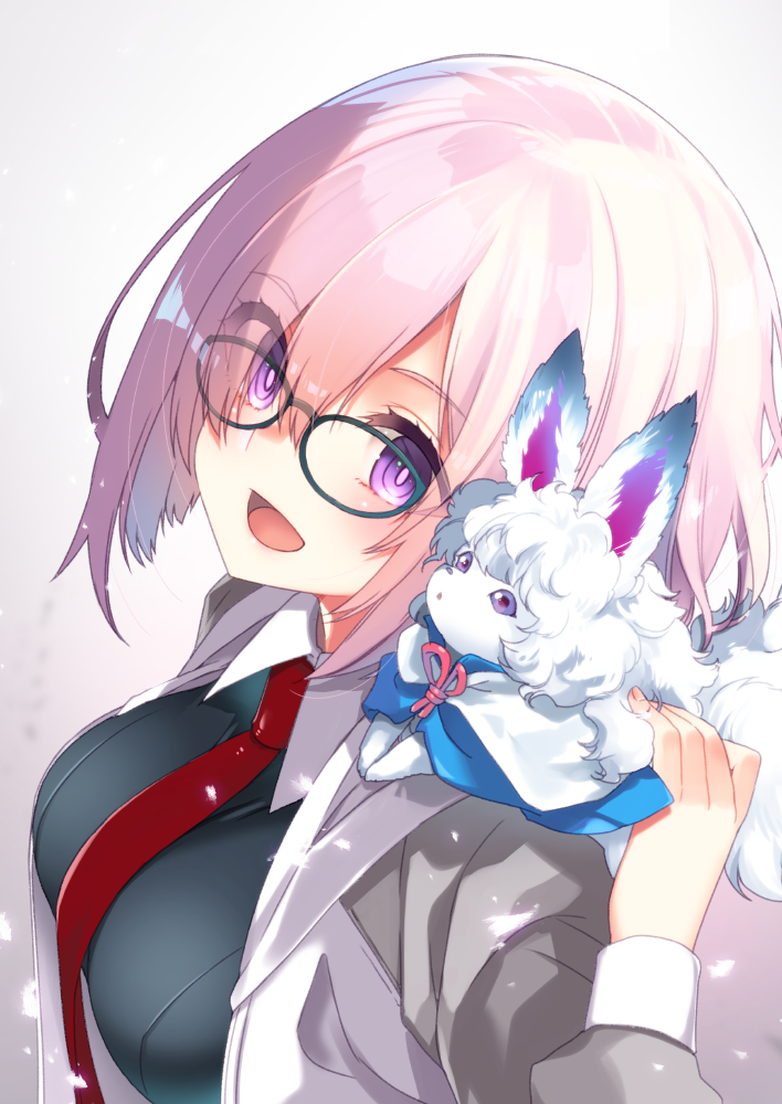 :d blue-framed_eyewear blush breasts creature creature_on_shoulder eyebrows_visible_through_hair eyelashes eyes_visible_through_hair fate/grand_order fate_(series) fou_(fate/grand_order) glasses glowing gradient gradient_background grey_background grey_jacket hair_over_one_eye hand_up jacket koruri long_sleeves looking_at_viewer mash_kyrielight medium_breasts necktie open_clothes open_jacket open_mouth pink_hair purple_eyes red_neckwear short_hair smile upper_body wing_collar