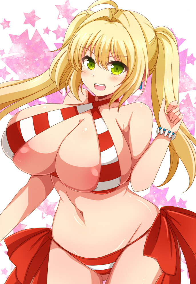 1girl afuro ahoge areola_slip areolae bikini blonde_hair blush breasts cleavage curvy earrings fate/extra fate/grand_order fate_(series) female green_eyes huge_breasts long_hair long_twintails looking_at_viewer mound_of_venus navel nero_claudius_(swimsuit_caster)_(fate) open_mouth red_bikini red_swimsuit saber_extra side-tie_bikini smile solo standing striped_bikini swimsuit twintails wide_hips