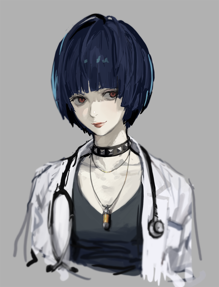 1girl artist_request blue_hair bowl_cut breasts brown_eyes choker cleavage collar collarbone doctor eyebrows eyebrows_visible_through_hair jewelry labcoat looking_at_viewer necklace pale_skin persona persona_5 shadow short_hair simple_background solo stethoscope studded_collar takemi_tae upper_body