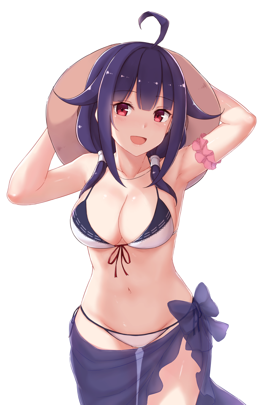 ahoge armpits arms_up ass_visible_through_thighs bangs bikini blush breasts cai_geng cleavage collarbone commentary cowboy_shot eyebrows_visible_through_hair front-tie_top hair_flaps hat highres kantai_collection looking_at_viewer medium_breasts navel open_mouth purple_hair red_eyes sarong see-through simple_background solo standing swimsuit taigei_(kantai_collection) white_background white_bikini