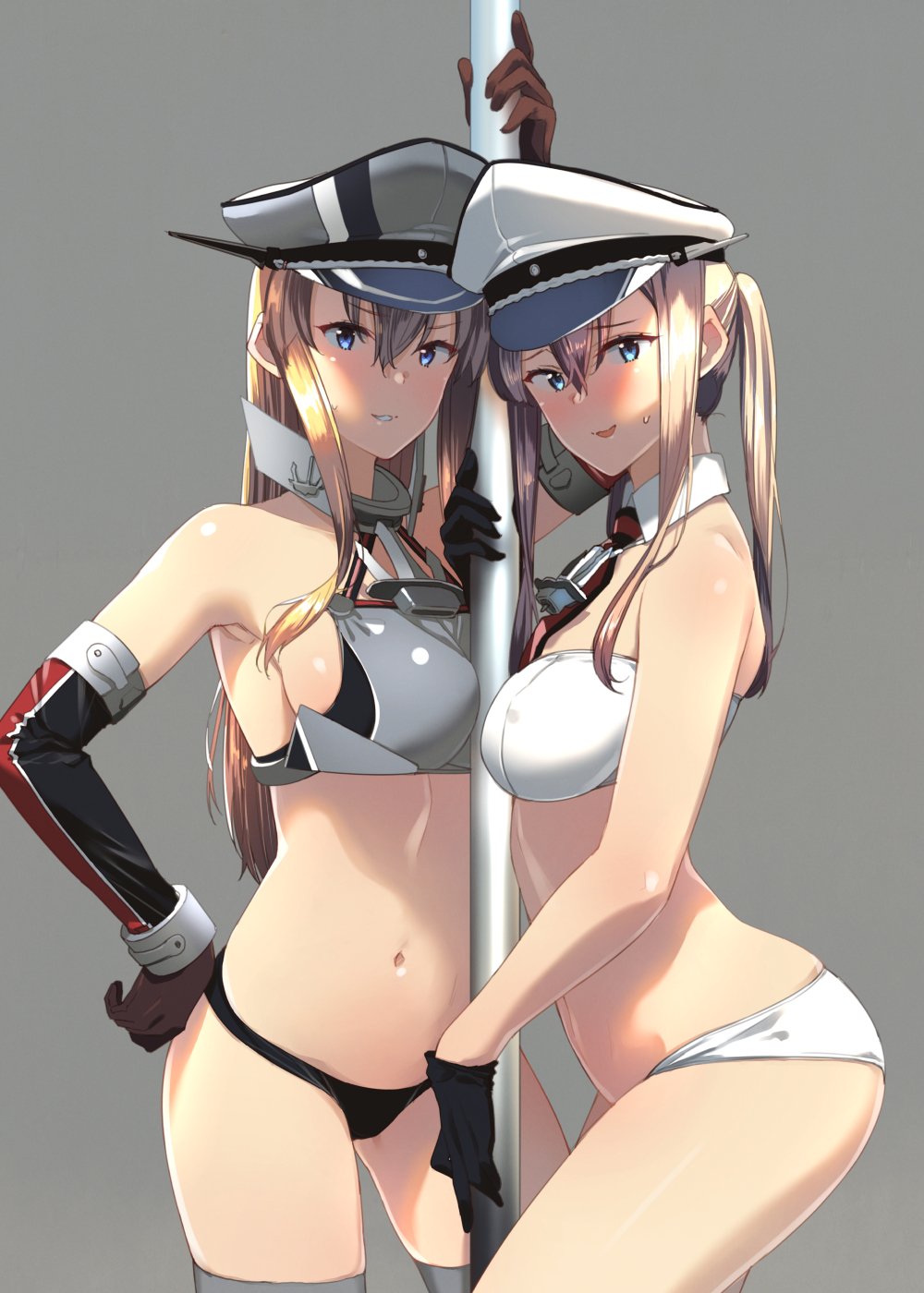 adapted_costume arched_back arm_up ass_visible_through_thighs bikini bismarck_(kantai_collection) black_gloves blue_eyes breasts brown_hair contrapposto cowboy_shot detached_collar elbow_gloves gloves graf_zeppelin_(kantai_collection) grey_background grey_legwear hair_between_eyes hand_on_hip hat highres kantai_collection long_hair looking_at_viewer medium_breasts multiple_girls navel necktie parted_lips peaked_cap pole sidelocks simple_background smile standing stripper_pole sweatdrop swimsuit thighhighs touyama_eight twintails