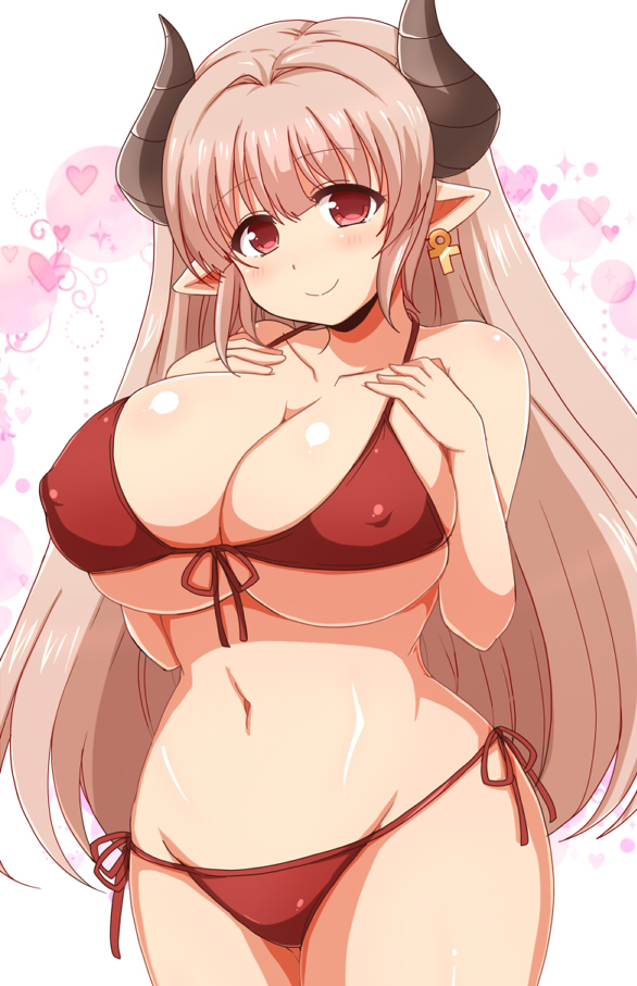 1girl afuro alicia_(granblue_fantasy) bikini breasts brown_hair cleavage collarbone cow_girl cow_horns curvy doraf earrings erect_nipples female granblue_fantasy head_tilt heart horns huge_breasts long_hair looking_at_viewer mound_of_venus pointy_ears red_bikini red_eyes side-tie_bikini smile solo standing string_bikini wide_hips