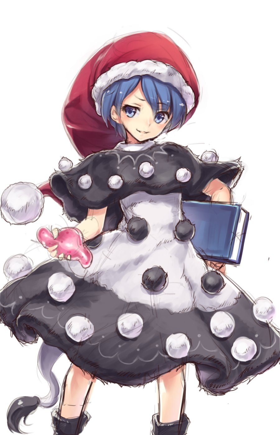 bangs black_capelet blue_eyes blue_hair book capelet doremy_sweet eyebrows_visible_through_hair hat highres holding holding_book looking_at_viewer nightcap pom_pom_(clothes) short_hair simple_background smile solo standing tail touhou usotsuki_penta white_background