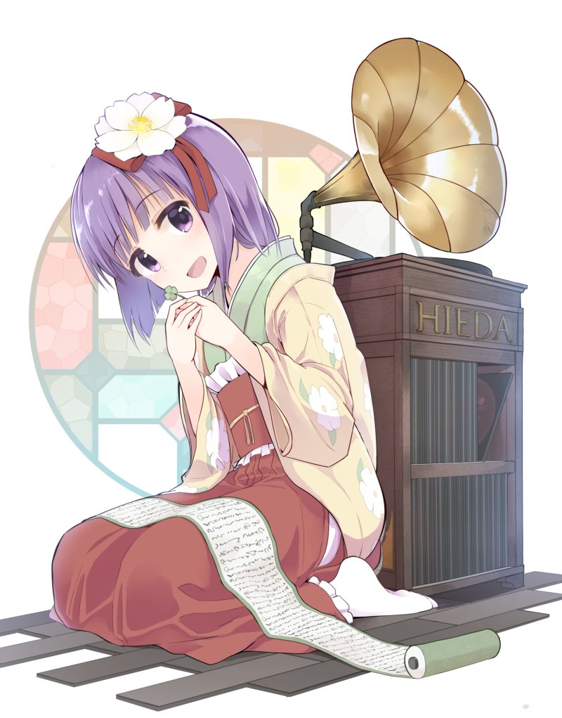 :d bad_id bad_twitter_id bangs banned_artist blunt_bangs clover flower four-leaf_clover frilled_kimono frills hair_flower hair_ornament hieda_no_akyuu japanese_clothes kimono looking_at_viewer open_mouth phonograph purple_eyes purple_hair record scroll short_hair smile solo stained_glass touhou wooden_floor yopan_danshaku