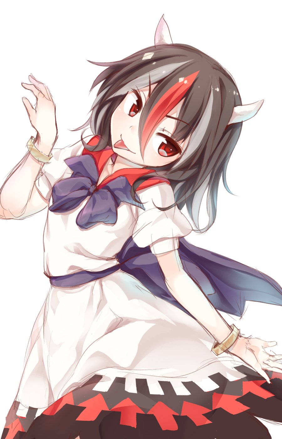 &gt;:) bangs blue_bow blue_neckwear bow bowtie bracelet cowboy_shot directional_arrow dress eyebrows_visible_through_hair hair_between_eyes head_tilt highres horns jewelry kijin_seija multicolored_hair red_eyes short_hair short_sleeves simple_background smile solo streaked_hair tongue tongue_out touhou usotsuki_penta v-shaped_eyebrows white_background