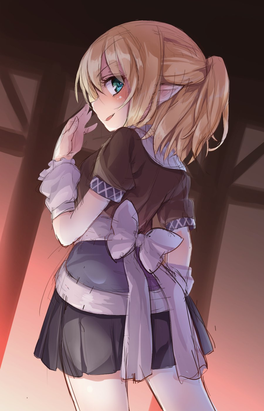 blonde_hair blue_eyes blush cowboy_shot eyebrows_visible_through_hair from_behind hand_up highres looking_at_viewer looking_back mizuhashi_parsee open_mouth pointy_ears profile short_sleeves smile solo touhou usotsuki_penta