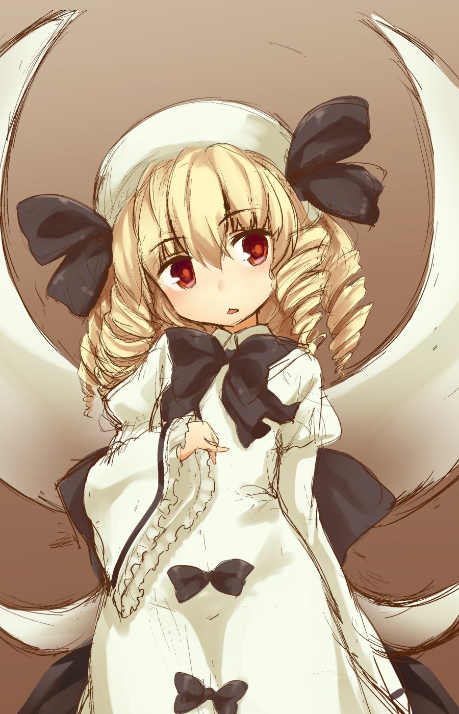 bangs black_bow black_neckwear blonde_hair bow bowtie brown_background brown_eyes chestnut_mouth dress drill_hair eyebrows_visible_through_hair fairy_wings hair_between_eyes hat highres juliet_sleeves long_sleeves looking_at_viewer luna_child puffy_sleeves simple_background solo touhou usotsuki_penta white_dress wide_sleeves wings