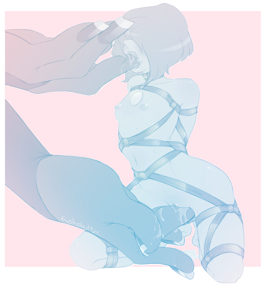 bdsm blue_diamond_(steven_universe) blue_pearl_(steven_universe) blue_skin bondage bound bound_wrists breasts finger_to_mouth fingering giantess hair_over_face kneeling kokobuttz pussy_juice saliva small_breasts